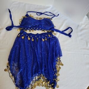 Blue Belly Dance Costume with Gold Accents 2 Piece Outfit Women Size X-Small